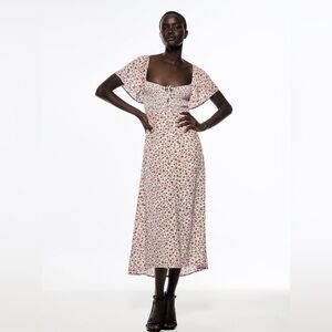 Zara Blue Red Floral Smocked Midi Dress Flutter Sleeves Medium